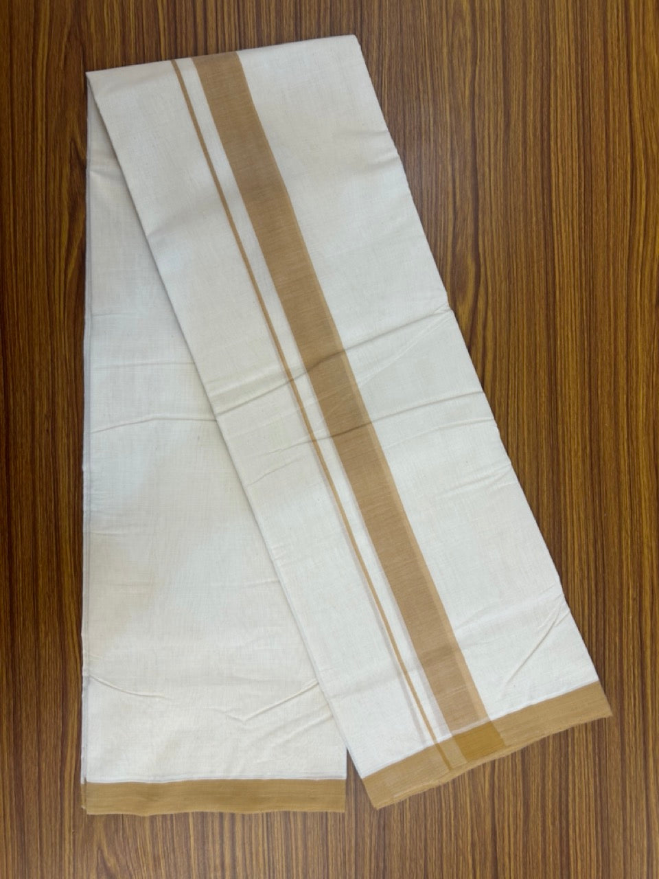 25% Discount! KaithariKada Handloom Millpaav Balaramapuram - Cotton Double Mundu/Dhoti Off white (Unbleached) - 80x90 - 1.5 inch Mustard Brown Mulloth Kara 3.60 meter (8 Muzham) - 52 KK5256 RAM