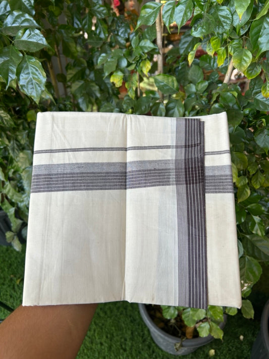 20% Discount ! KaithariKada Balaramapuram 100% Cotton Double OFF WHITE - (Unbleached) - Mundu / Dhoti- 100x80 -  1.5 inch Dark Brown shaded striped kara - 5 KK5280 VIN