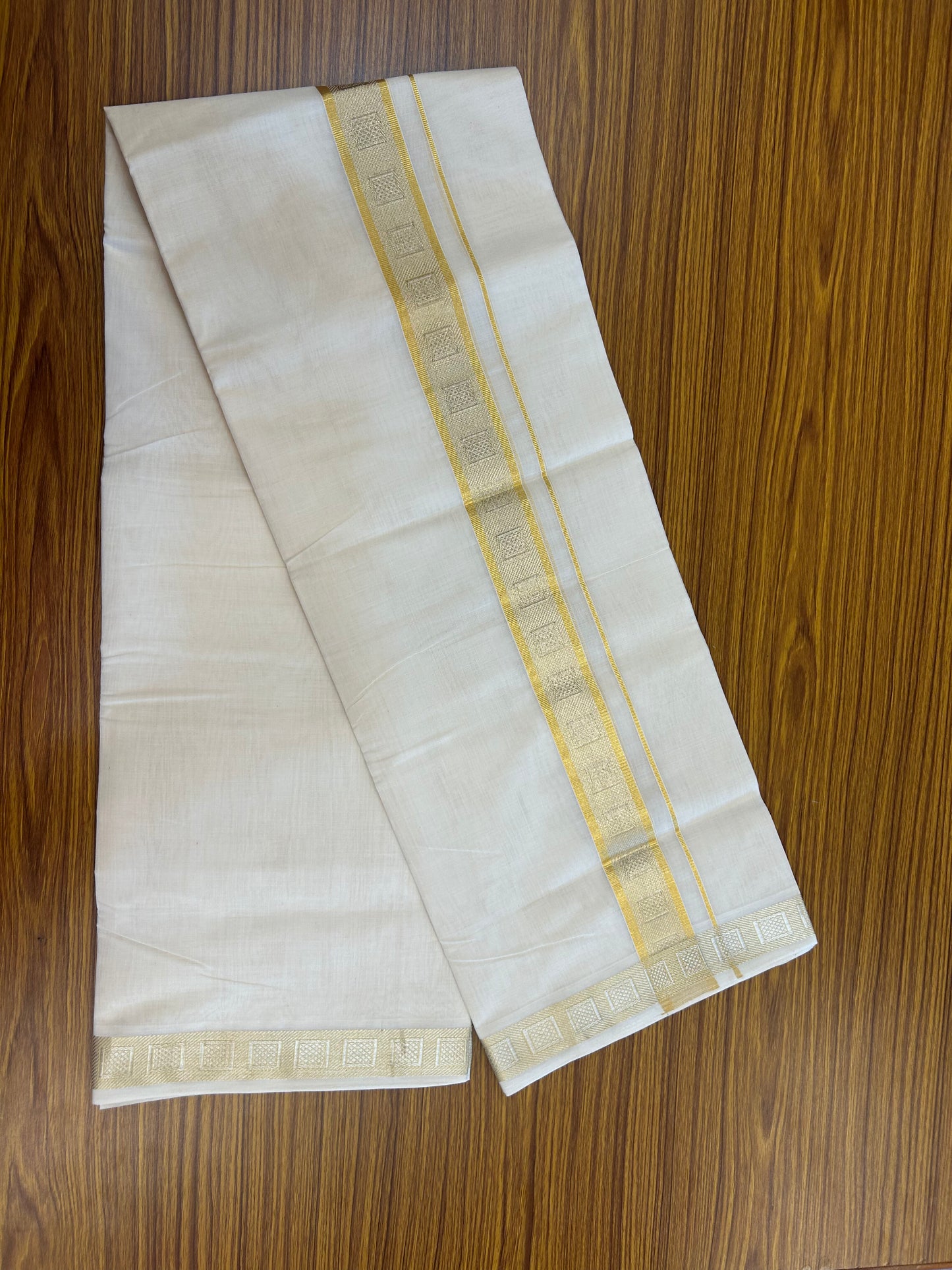 25% Discount ! KaithariKada Handloom Unakkupaav Kerala Handloom - 100% Pure Cotton Off White (Unbleached) Double Mundu/Dhoti - 100x80 - 1.5 Inch Gold kasav & Silver Kasav Design Jaquard Kara 4 mtr (8.5 muzham) - 9 KK5370 ABH