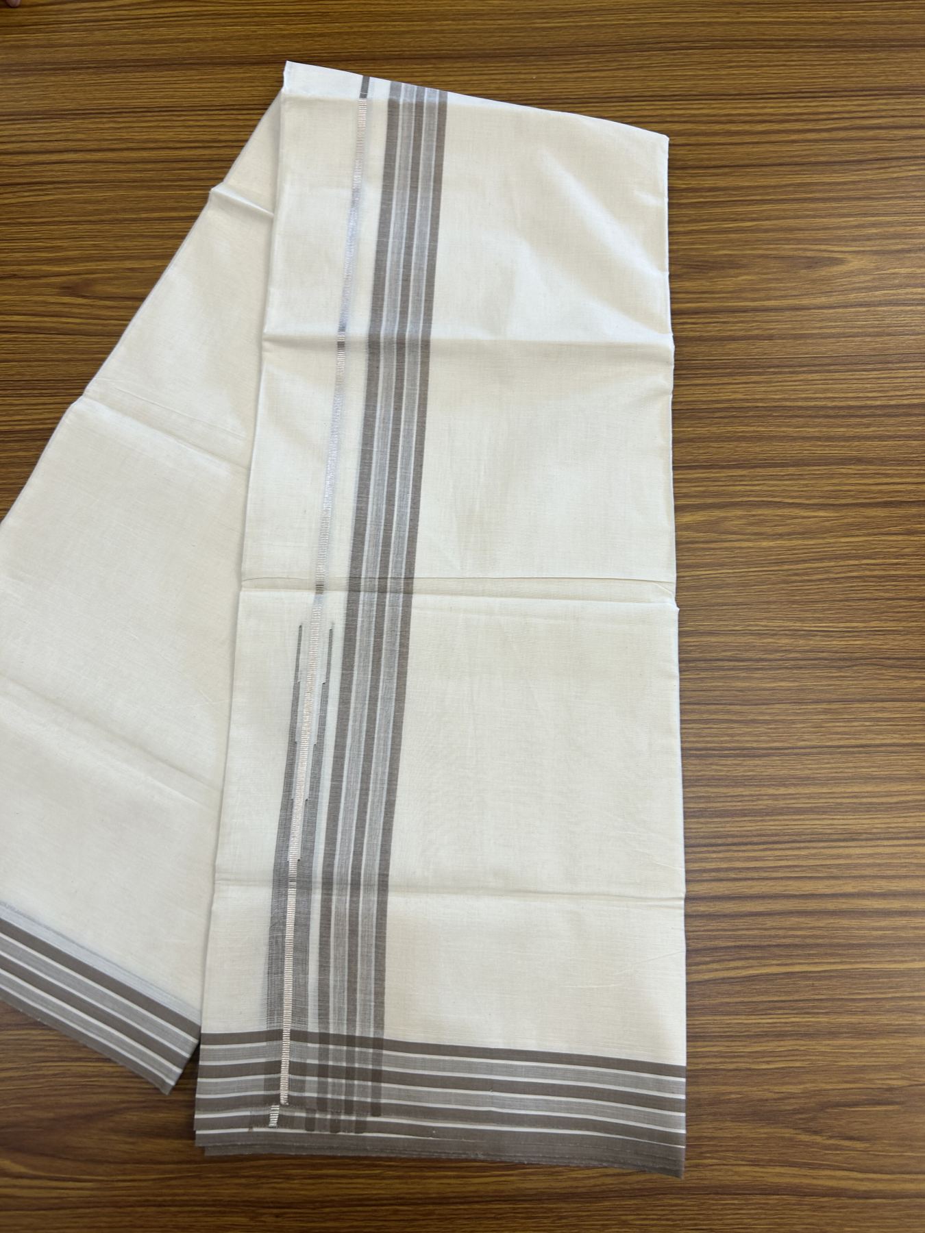 20% Discount ! Kaitharikada Balaramapuram 100% Pure Cotton Double Off white (Unbleached) Mundu/Dhoti - 100x80 - 1.25 inch Silver Kasav & Dark Brown Shaded Stripes Chutty Kara 3.90 mtr (8 muzham) - 54 KK5313 PMC