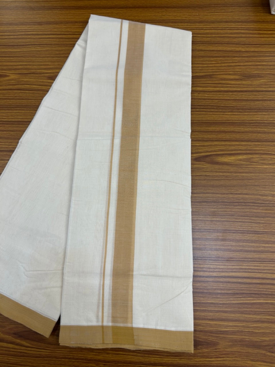 25% Discount! KaithariKada Handloom Millpaav Balaramapuram - Cotton Double Mundu/Dhoti Off white (Unbleached) - 80x90 - 1.5 inch Mustard Brown Mulloth Kara 3.60 meter (8 Muzham) - 52 KK5256 RAM