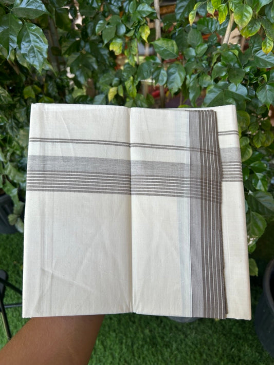 20% Discount ! KaithariKada Balaramapuram 100% Cotton Double OFF WHITE - (Unbleached) - Mundu / Dhoti- 100x80 -  1.5 inch Brown shaded striped kara - 4 KK5280 VIN