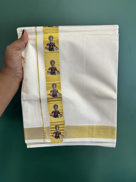 Double Off White - (Unbleached) Mundu/Dhoti- 20% Discount!! KaithariKada Balaramapuram 100% Cotton (60s) - 1.25 inch Gold Kasav Kathakali Printed Kara - 6 KK5415 GAN