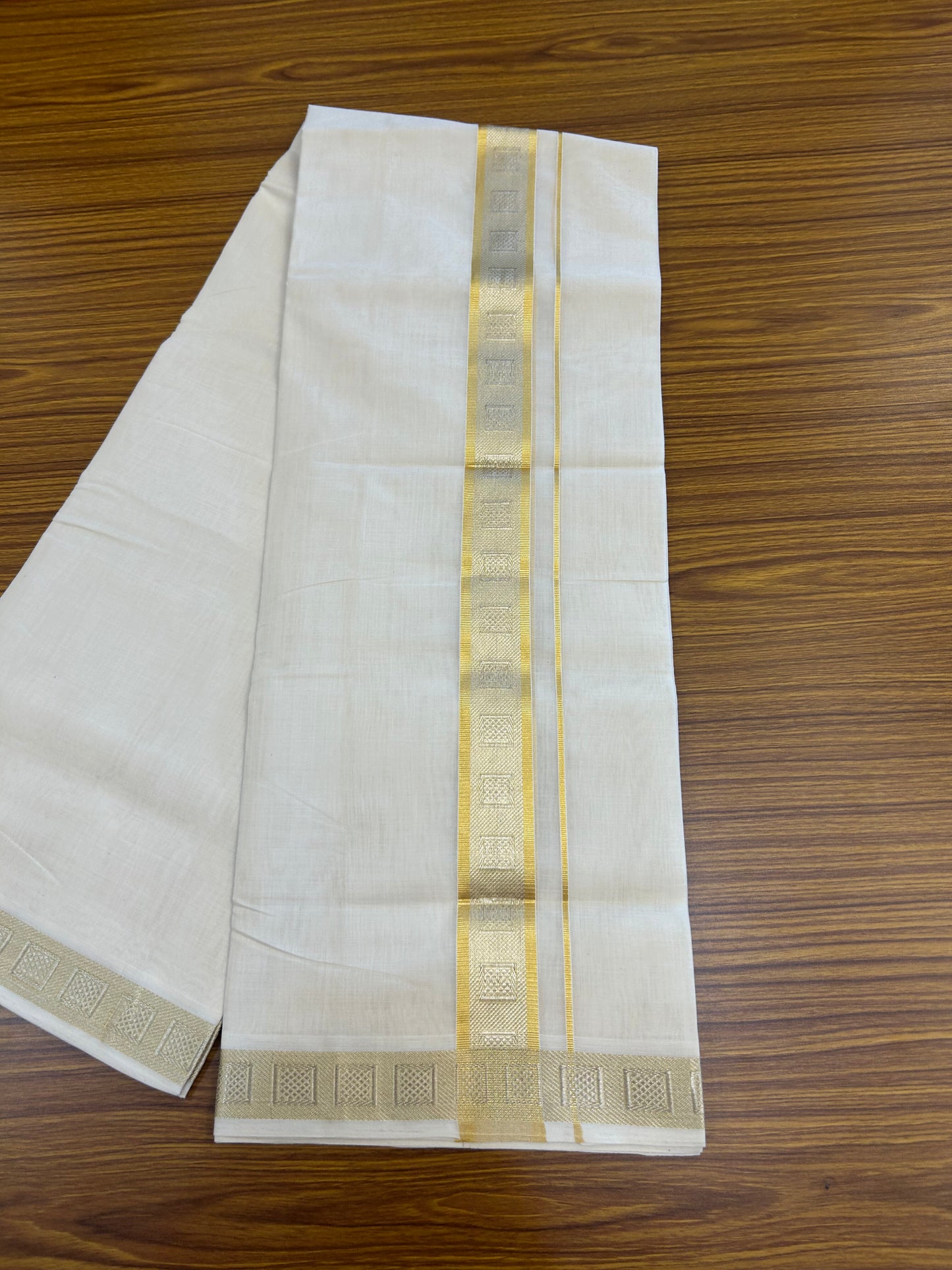 25% Discount ! KaithariKada Handloom Unakkupaav Kerala Handloom - 100% Pure Cotton Off White (Unbleached) Double Mundu/Dhoti - 100x80 - 1.5 Inch Gold kasav & Silver Kasav Design Jaquard Kara 4 mtr (8.5 muzham) - 9 KK5370 ABH