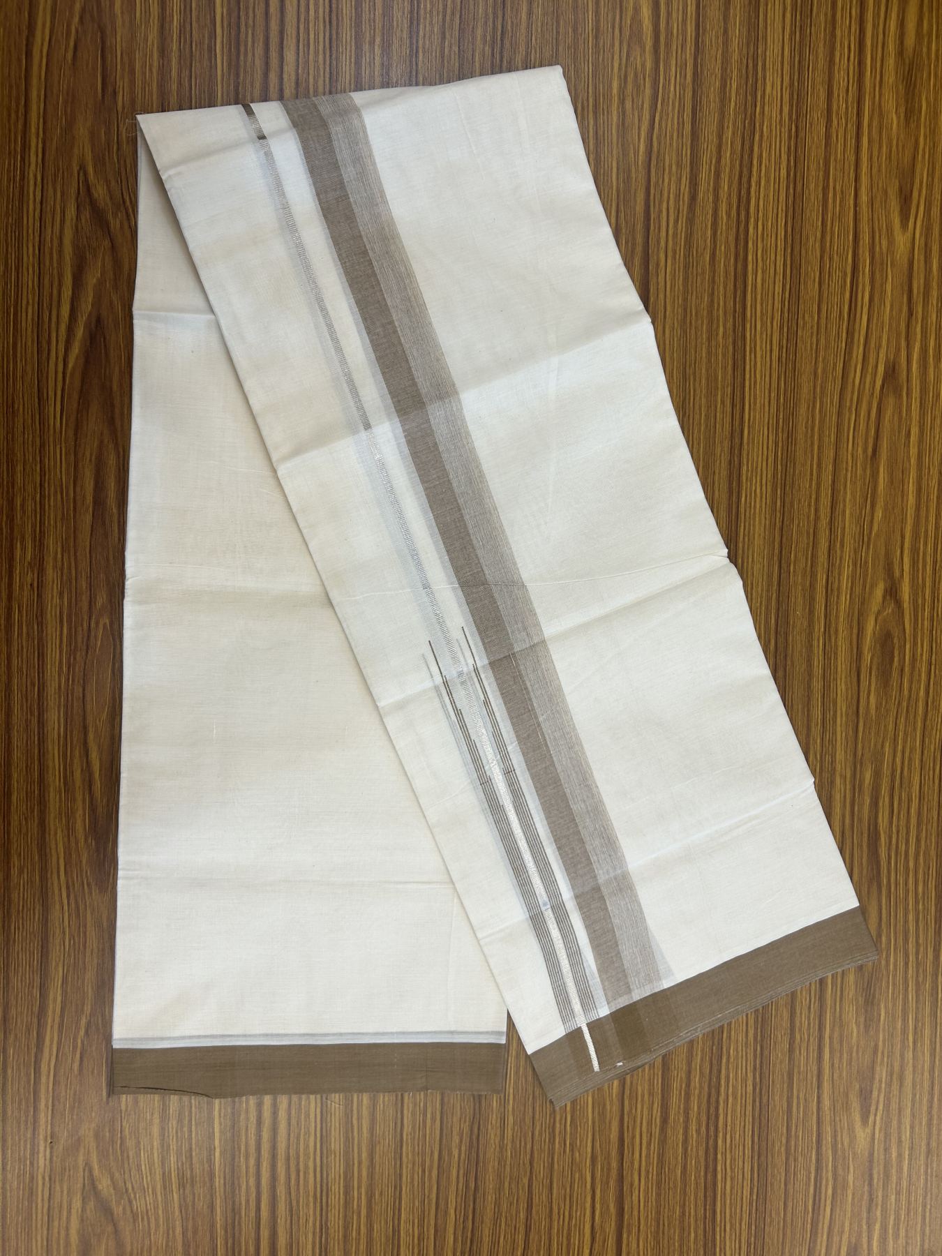 20% Discount ! Kaitharikada Balaramapuram 100% Pure Cotton Double Off white (Unbleached) Mundu/Dhoti - 100x80 - 1.5 inch Silver Kasav & Brown Shaded Stripes Chutty Kara 3.90 mtr (8 muzham) - 55 KK5313 PMC