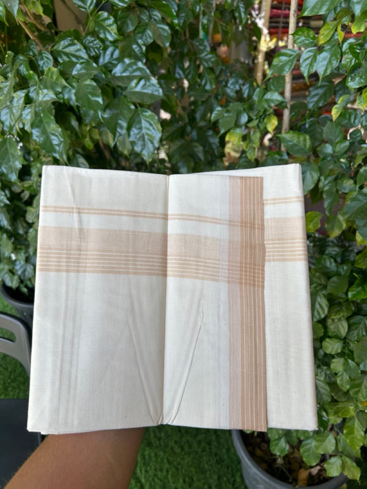 20% Discount ! KaithariKada Balaramapuram 100% Cotton Double OFF WHITE - (Unbleached) - Mundu / Dhoti- 100x80 -  1.5 inch Sand Brown shaded striped kara - 3 KK5280 VIN