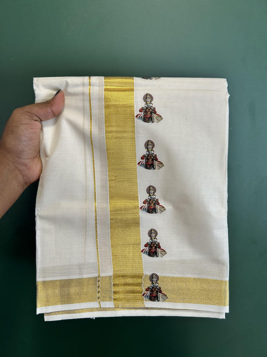 Double Off White - (Unbleached) Mundu/Dhoti- 20% Discount!! KaithariKada Balaramapuram 100% Cotton (60s) - 1.25 inch Gold Kasav Kathakali Printed Kara - 7 KK5415 GAN
