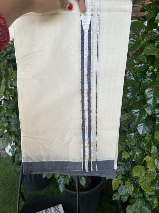 20% Discount !! KaithariKada Balaramapuram 100% Cotton Double Off White - (Unbleached) Mundu/Dhoti - 100x100 1.25 inch Heavy Chutty Silver Kasav & Navy Blue Striped kara - 1 KK5348 ASH