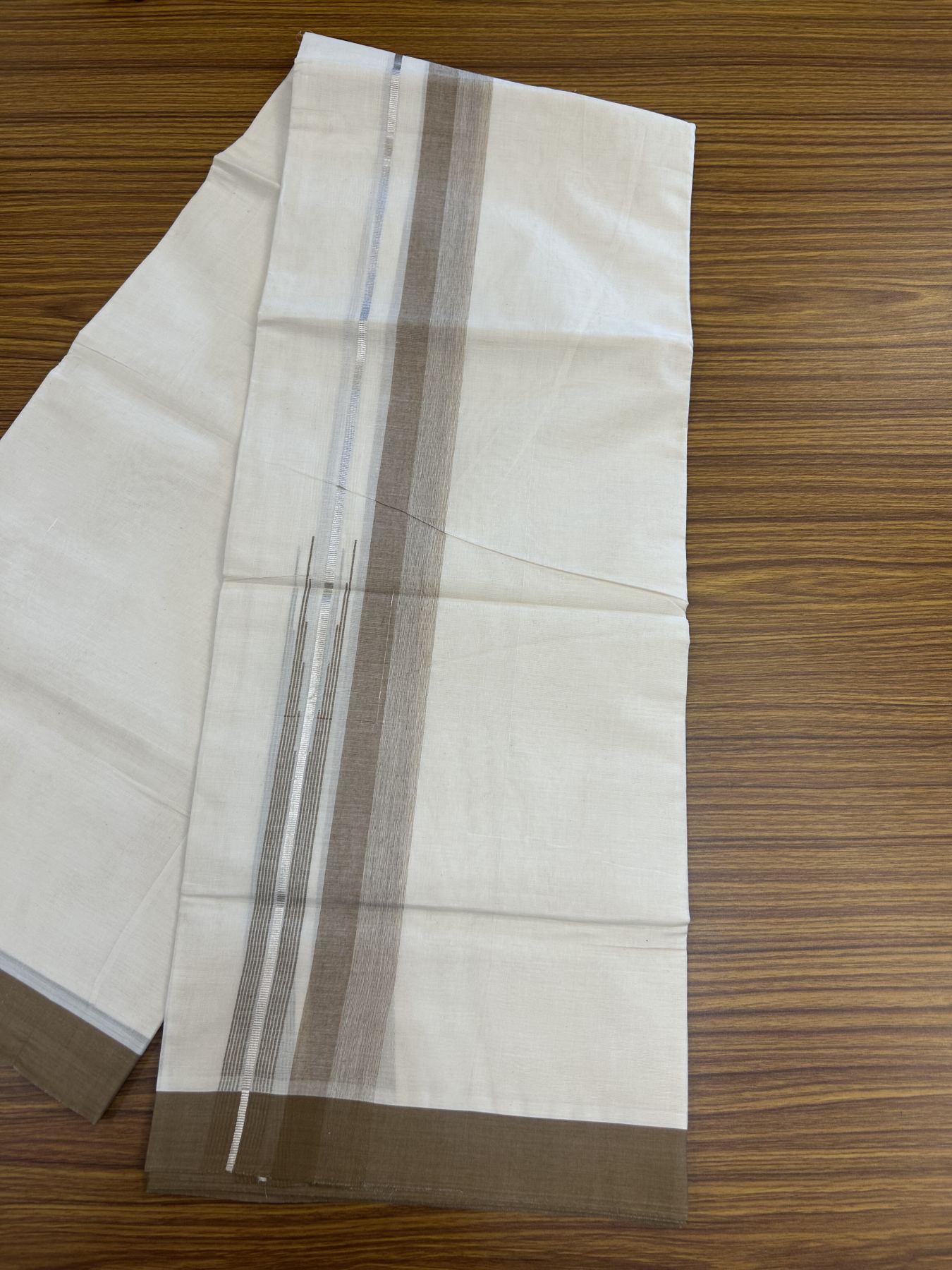 20% Discount ! Kaitharikada Balaramapuram 100% Pure Cotton Double Off white (Unbleached) Mundu/Dhoti - 100x80 - 1.5 inch Silver Kasav & Brown Shaded Stripes Chutty Kara 3.90 mtr (8 muzham) - 55 KK5313 PMC