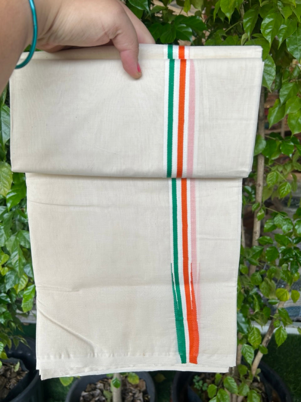 Congress Veshti - 20% Discount! KaithariKada 100% Cotton Off White Double - (Unbleached) Mundu/Dhoti - 100X80 - 1 inch Puliyilakkara Orange White & Green Chutty Kara - 4KK5204 ASH