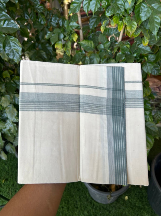 20% Discount ! KaithariKada Balaramapuram 100% Cotton Double OFF WHITE - (Unbleached) - Mundu / Dhoti- 100x80 -  1.5 inch Dark pine Green shaded striped kara - 2 KK5280 VIN
