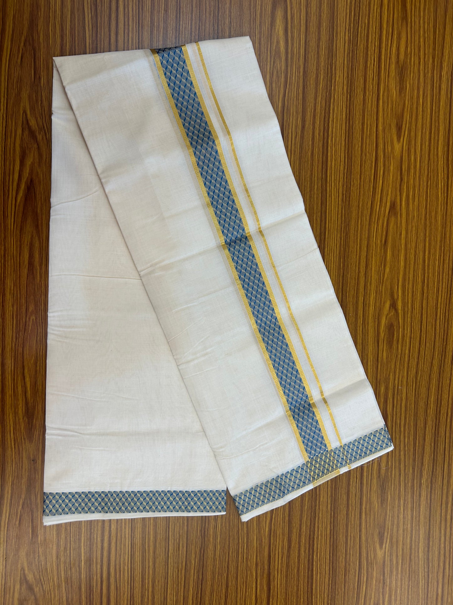 25% Discount ! KaithariKada Handloom Unakkupaav Kerala Handloom - 100% Pure Cotton Off White (Unbleached) Double Mundu/Dhoti - 100x80 - 1.5 Inch Gold kasav & Dark Sky Blue Design Jaquard Kara 4 mtr (8.5 muzham) - 8 KK5370 ABH