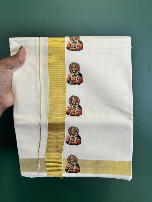 Double Off White - (Unbleached) Mundu/Dhoti- 20% Discount!! KaithariKada Balaramapuram 100% Cotton (60s) - 1.25 inch Gold Kasav Kathakali Printed Kara - 8 KK5415 GAN