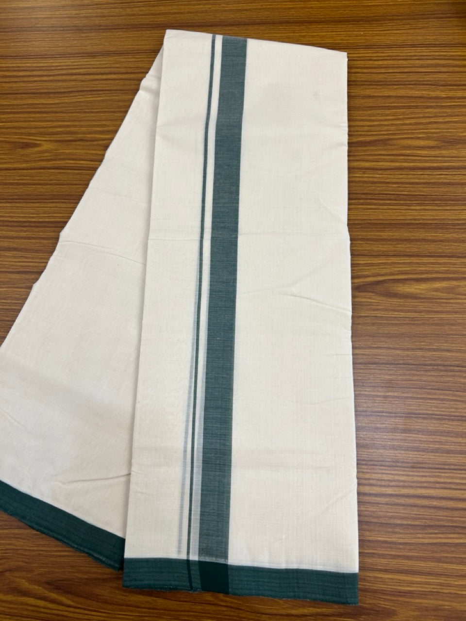 25% Discount! KaithariKada Handloom Millpaav Balaramapuram - Cotton Double Mundu/Dhoti Off white (Unbleached) - 80x90 - 1.25 inch Dark Green Mulloth Kara 3.60 meter (8 Muzham) - 44 KK5256 RAM