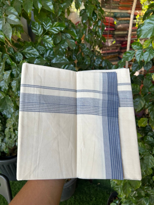 20% Discount ! KaithariKada Balaramapuram 100% Cotton Double OFF WHITE - (Unbleached) - Mundu / Dhoti- 100x80 -  1.5 inch Ash Blue shaded striped kara - 1 KK5280 VIN
