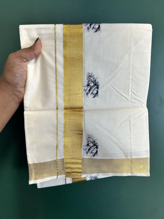 Double Off White - (Unbleached) Mundu/Dhoti- 20% Discount!! KaithariKada Balaramapuram 100% Cotton (60s) - 1.25 inch Gold Kasav Lord Krishna Printed Kara - 9 KK5415 GAN