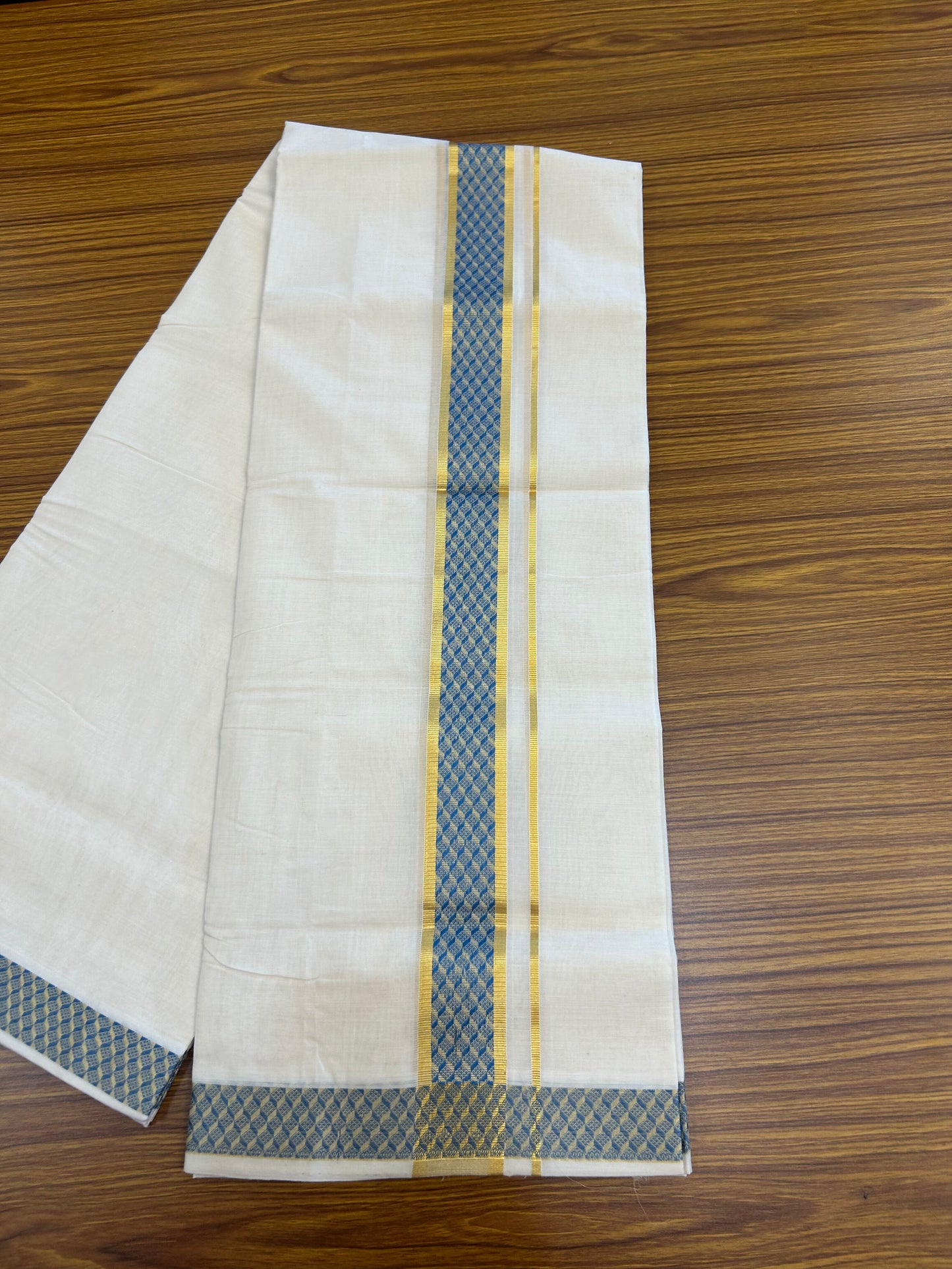 25% Discount ! KaithariKada Handloom Unakkupaav Kerala Handloom - 100% Pure Cotton Off White (Unbleached) Double Mundu/Dhoti - 100x80 - 1.5 Inch Gold kasav & Dark Sky Blue Design Jaquard Kara 4 mtr (8.5 muzham) - 8 KK5370 ABH