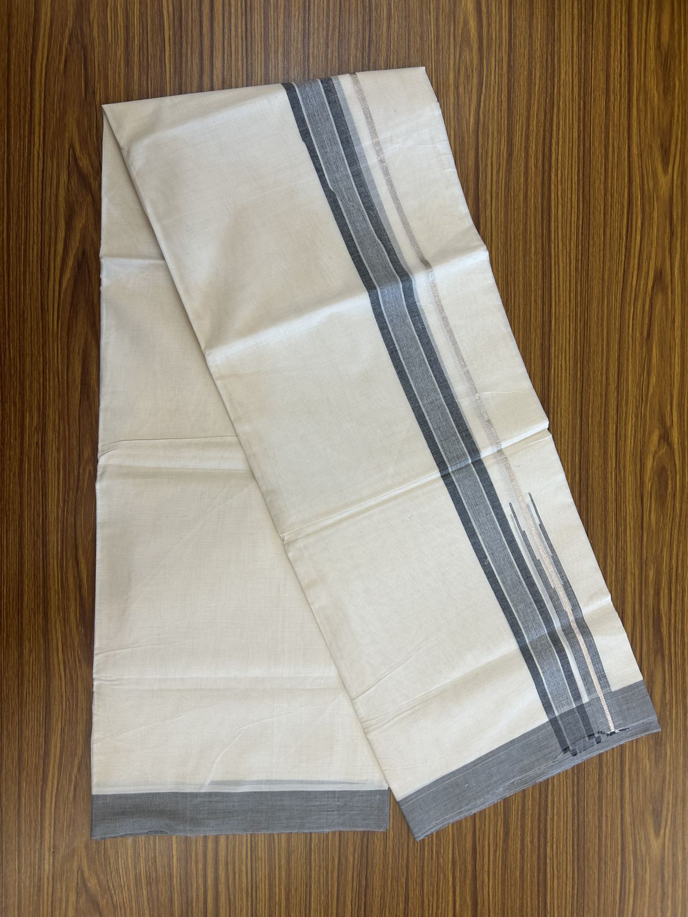20% Discount ! Kaitharikada Balaramapuram 100% Pure Cotton Double Off white (Unbleached) Mundu/Dhoti - 100x80 - 1.25 inch Silver Kasav & Black Shaded Stripes Chutty Kara 3.90 mtr (8 muzham) - 56 KK5313 PMC