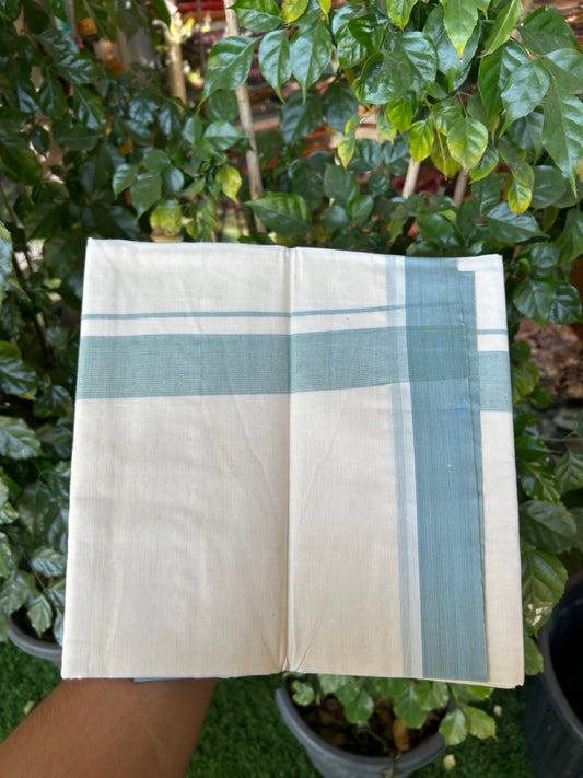 20% Discount ! KaithariKada Balaramapuram 100% Cotton Double OFF WHITE - (Unbleached) - Mundu / Dhoti- 100x80 -  1.5 inch Blue & Green shaded striped kara - 6 KK5280 VIN