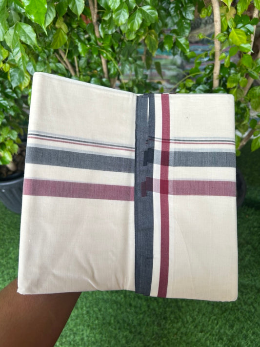AIADMK VESHTI - 15% DISCOUNT! KaithariKada 100% Cotton off white Double - (Unbleached) Mundu/Dhoti - 100X100 - 2.25 inch Black White & Maroon kara - 2KK5204 ASH