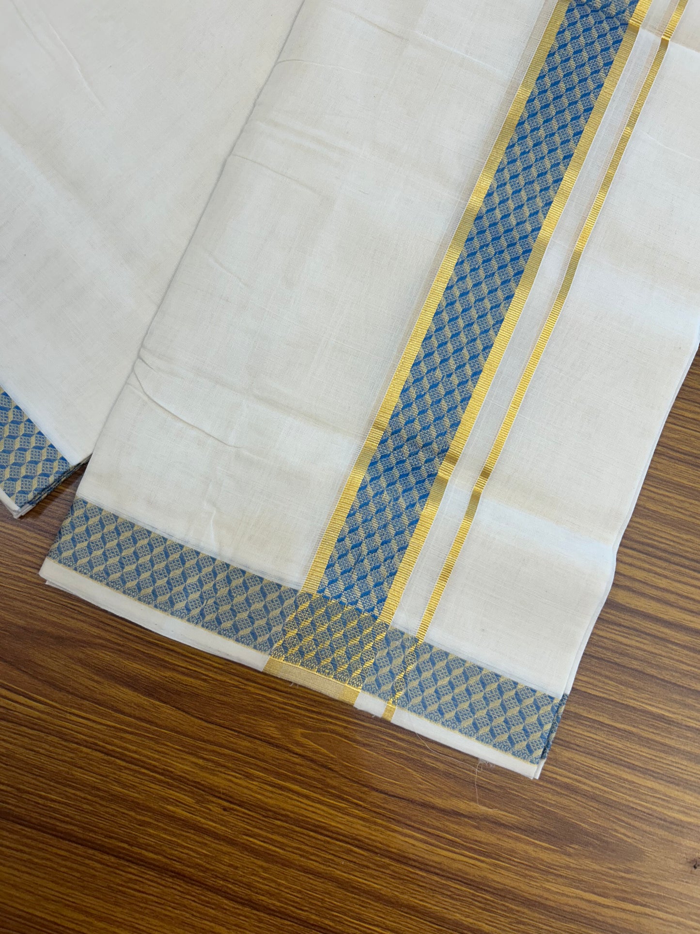 25% Discount ! KaithariKada Handloom Unakkupaav Kerala Handloom - 100% Pure Cotton Off White (Unbleached) Double Mundu/Dhoti - 100x80 - 1.5 Inch Gold kasav & Dark Sky Blue Design Jaquard Kara 4 mtr (8.5 muzham) - 8 KK5370 ABH