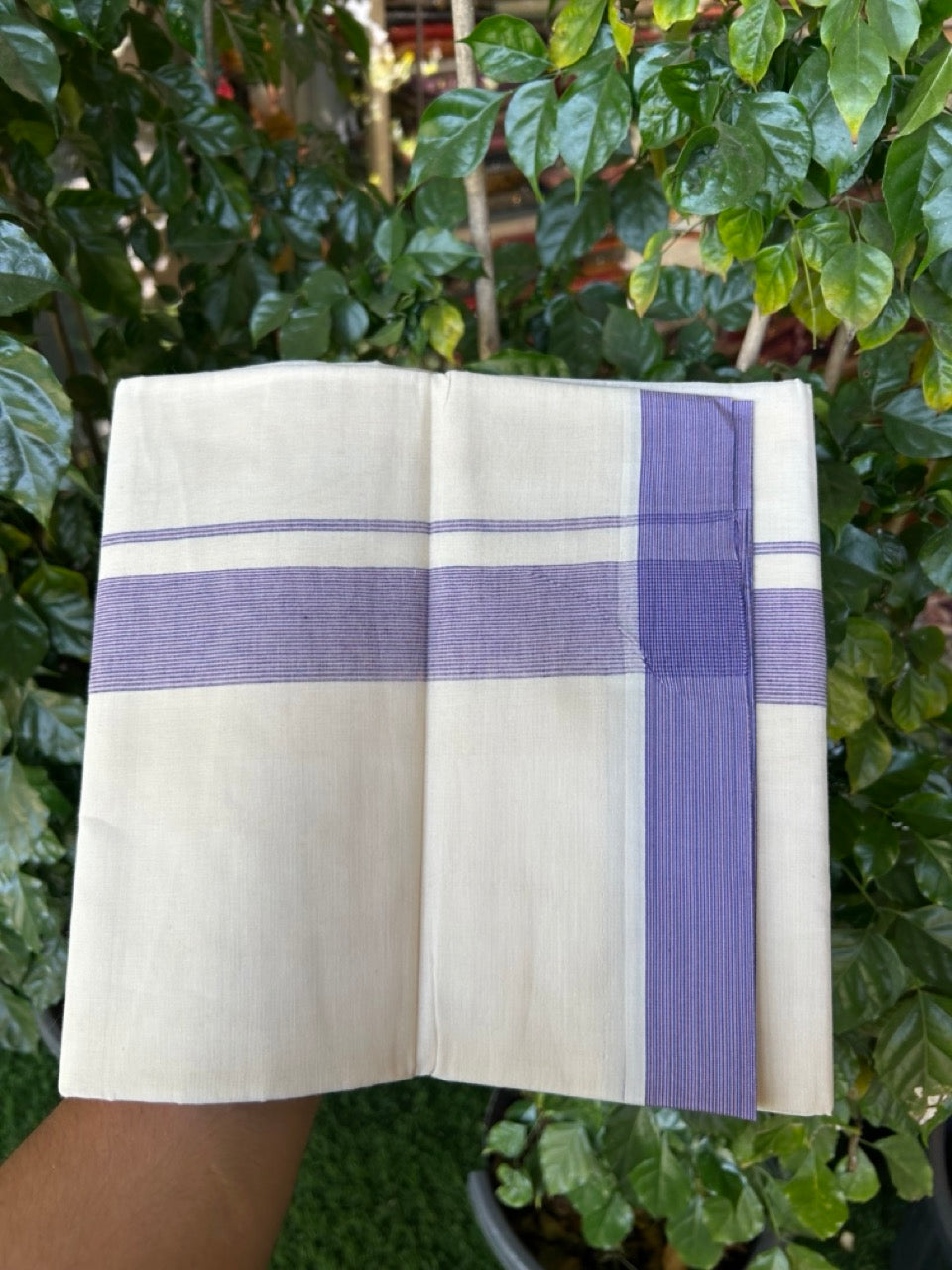 20% Discount ! KaithariKada Balaramapuram 100% Cotton Double OFF WHITE - (Unbleached) - Mundu / Dhoti- 100x80 -  1.5 inch Violet & Pastel pink shaded striped kara - 8 KK5280 VIN