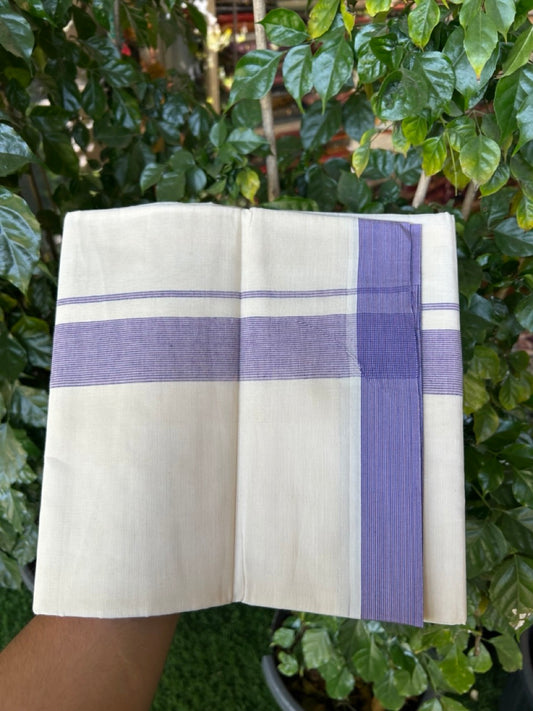 20% Discount ! KaithariKada Balaramapuram 100% Cotton Double OFF WHITE - (Unbleached) - Mundu / Dhoti- 100x80 -  1.5 inch Violet & Pastel pink shaded striped kara - 8 KK5280 VIN