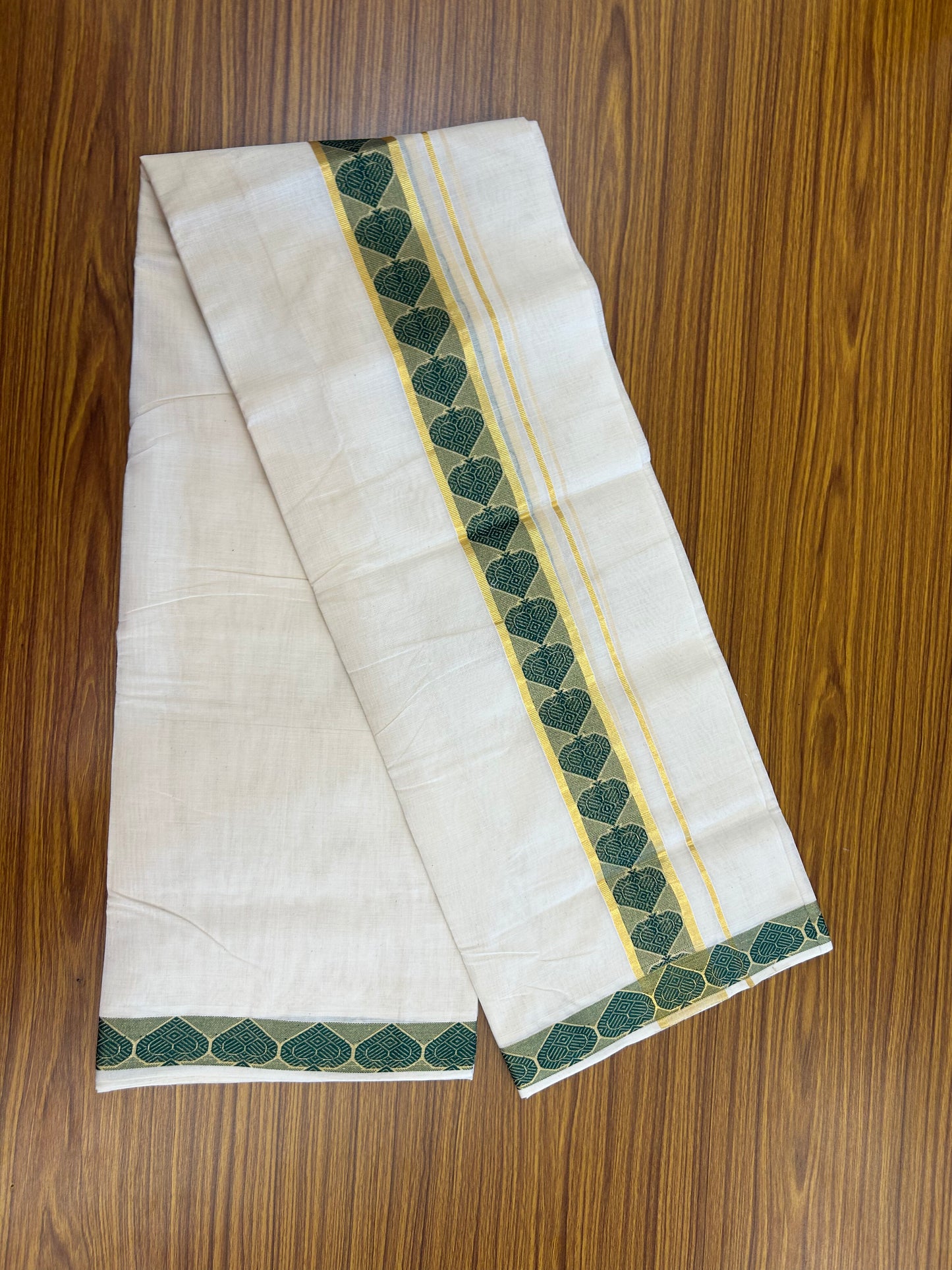 25% Discount ! KaithariKada Handloom Unakkupaav Kerala Handloom - 100% Pure Cotton Off White (Unbleached) Double Mundu/Dhoti - 100x80 - 1.5 Inch Gold kasav & Dark Green Leaf Design Jaquard Kara 4 mtr (8.5 muzham) - 7 KK5370 ABH