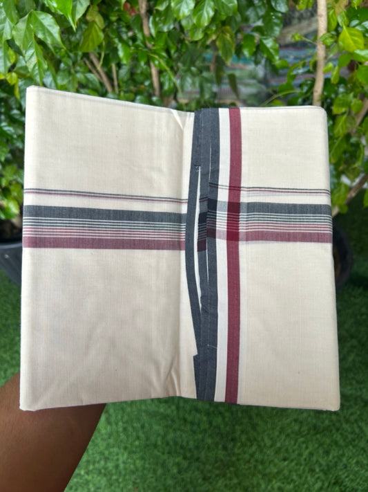ADMK VESHTI - 21% DISCOUNT! KaithariKada 100% Cotton off white Double - (Unbleached) Mundu/Dhoti - 100X100 -1.25 inch inch Black Maroon & White Striped kara - 1KK5204 ASH