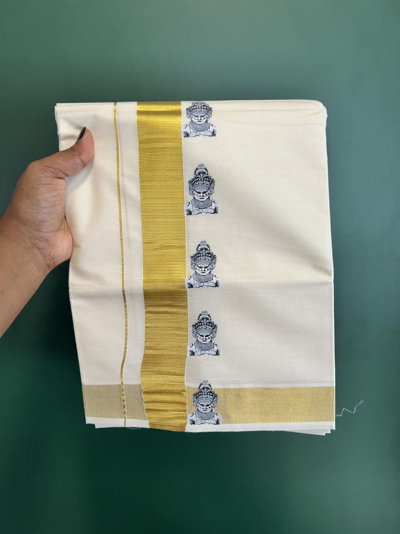 Double Off White - (Unbleached) Mundu/Dhoti- 20% Discount!! KaithariKada Balaramapuram 100% Cotton (60s) - 1.25 inch Gold Kasav Lord Muthappan Printed Kara - 10 KK5415 GAN