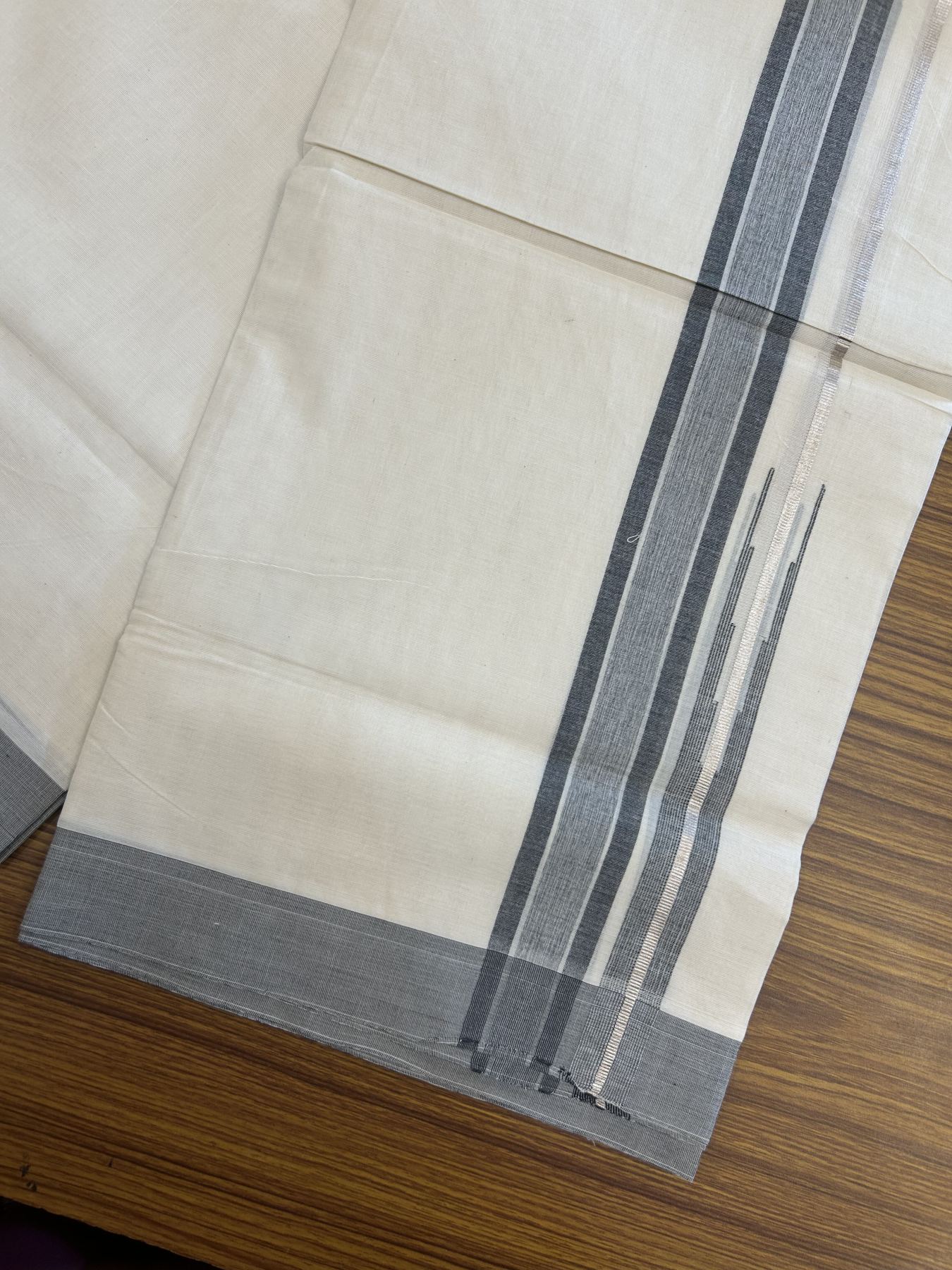 20% Discount ! Kaitharikada Balaramapuram 100% Pure Cotton Double Off white (Unbleached) Mundu/Dhoti - 100x80 - 1.25 inch Silver Kasav & Black Shaded Stripes Chutty Kara 3.90 mtr (8 muzham) - 56 KK5313 PMC