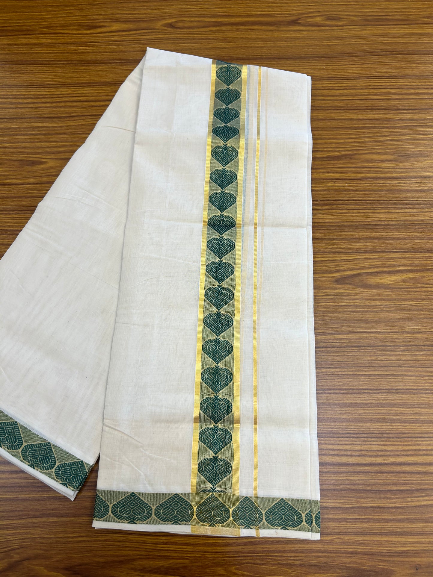 25% Discount ! KaithariKada Handloom Unakkupaav Kerala Handloom - 100% Pure Cotton Off White (Unbleached) Double Mundu/Dhoti - 100x80 - 1.5 Inch Gold kasav & Dark Green Leaf Design Jaquard Kara 4 mtr (8.5 muzham) - 7 KK5370 ABH
