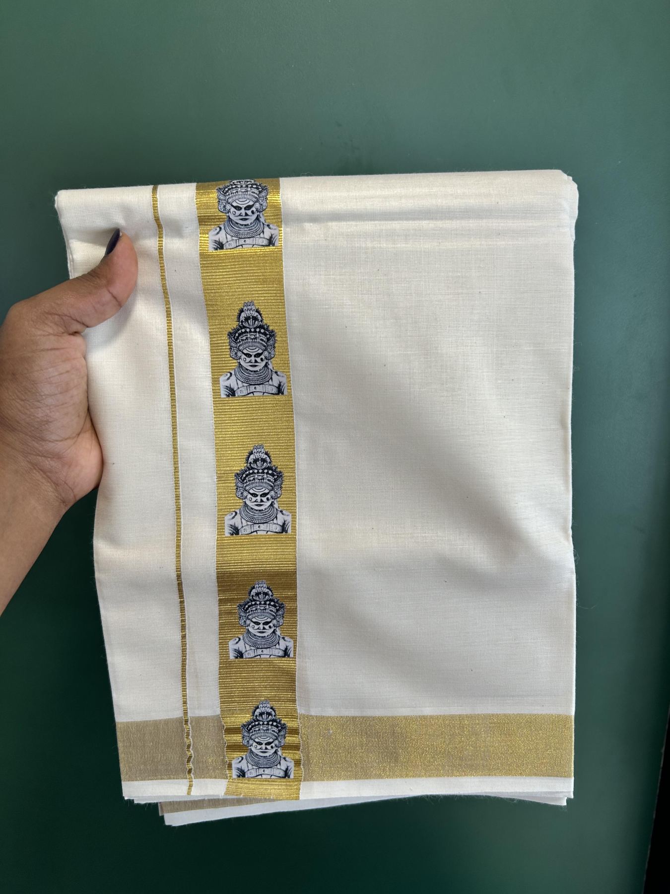 Double Off White - (Unbleached) Mundu/Dhoti- 20% Discount!! KaithariKada Balaramapuram 100% Cotton (60s) - 1.25 inch Gold Kasav Lord Muthappan Printed Kara - 11 KK5415 GAN