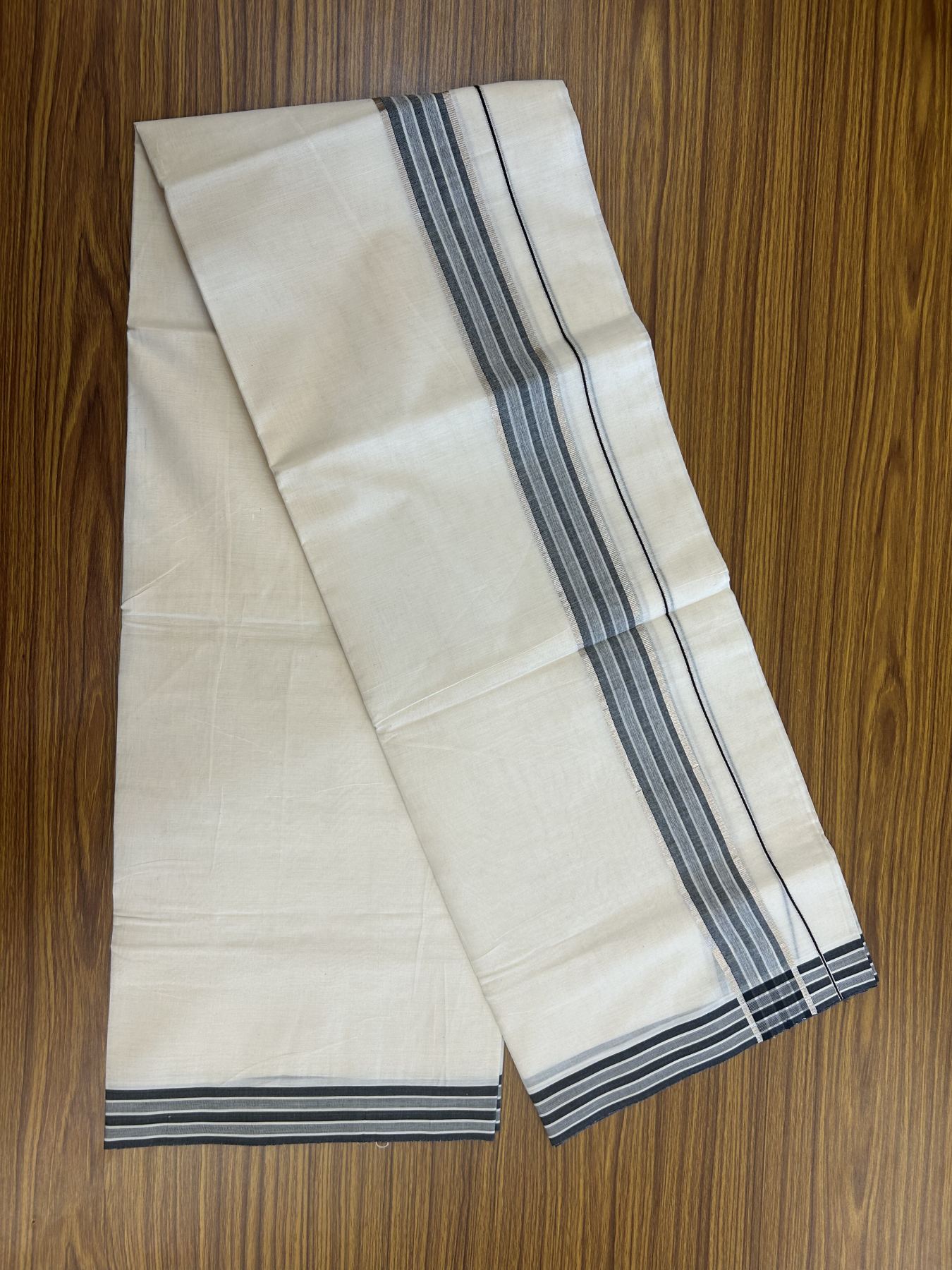 20% Discount ! Kaitharikada Balaramapuram 100% Pure Cotton Double Off white (Unbleached) Mundu/Dhoti - 100x80 - 1.75 inch Silver Kasav & Black Shaded Stripes Kara 3.90 mtr (8 muzham) - 57 KK5313 PMC