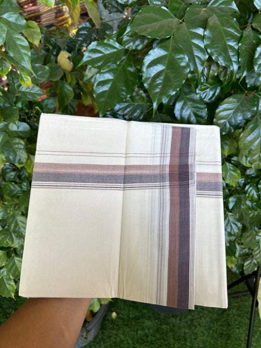 20% Discount ! KaithariKada Balaramapuram 100% Cotton Double OFF WHITE - (Unbleached) - Mundu / Dhoti- 100x80 -  1.5 inch Brown & Dark Brown shaded striped kara - 13 KK5280 VIN