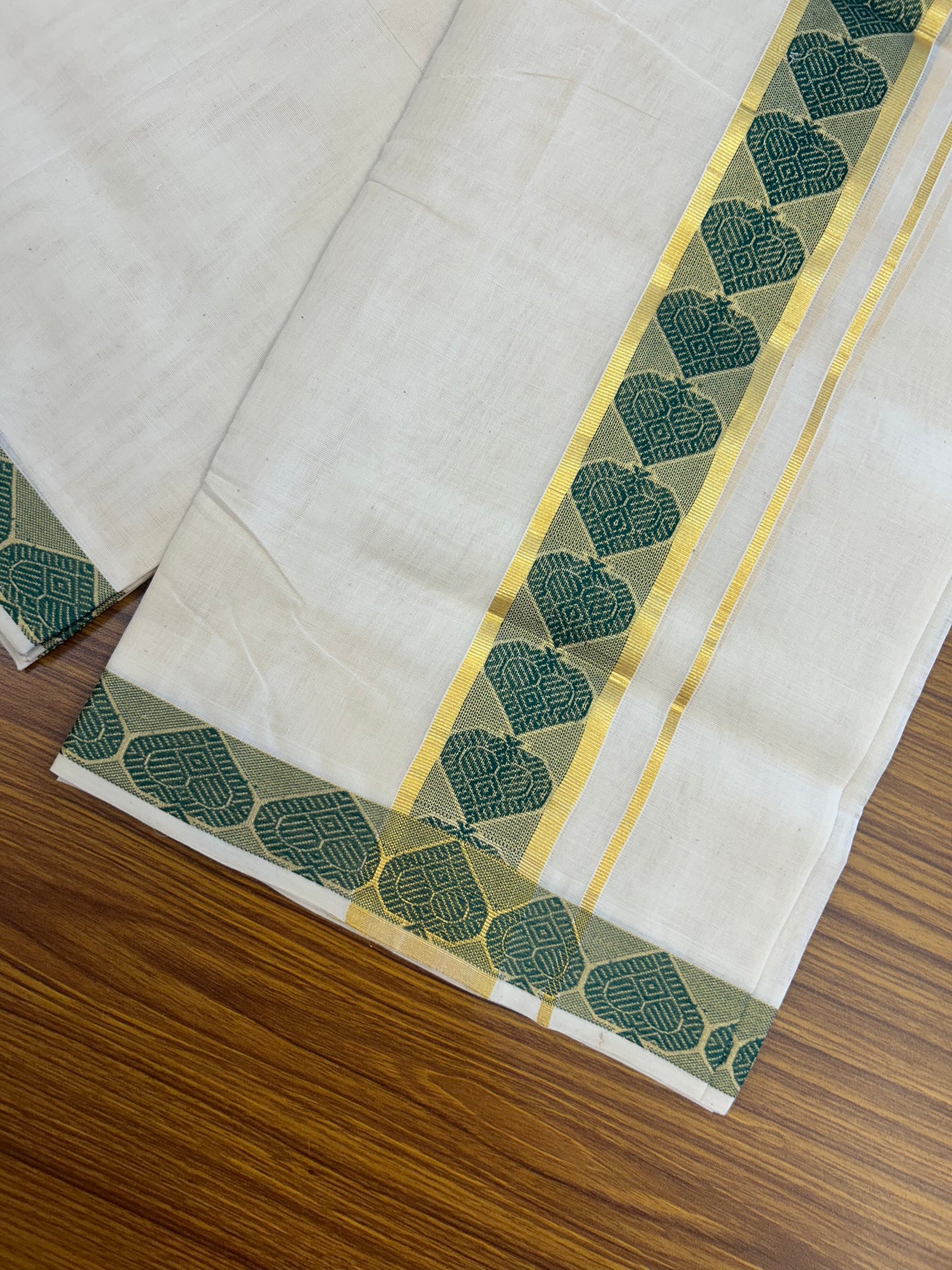 25% Discount ! KaithariKada Handloom Unakkupaav Kerala Handloom - 100% Pure Cotton Off White (Unbleached) Double Mundu/Dhoti - 100x80 - 1.5 Inch Gold kasav & Dark Green Leaf Design Jaquard Kara 4 mtr (8.5 muzham) - 7 KK5370 ABH