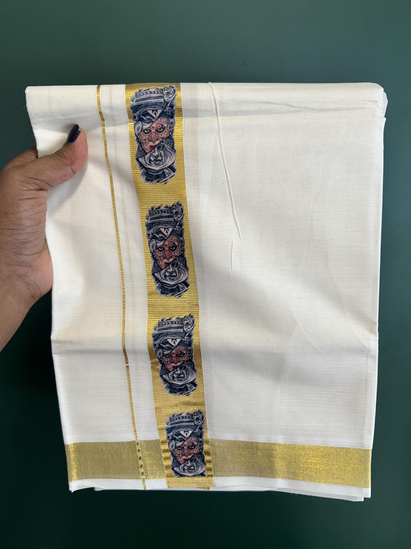 Double Off White - (Unbleached) Mundu/Dhoti- 20% Discount!! KaithariKada Balaramapuram 100% Cotton (60s) - 1.25 inch Gold Kasav Kathakali & Theyyam Printed Kara - 12 KK5415 GAN