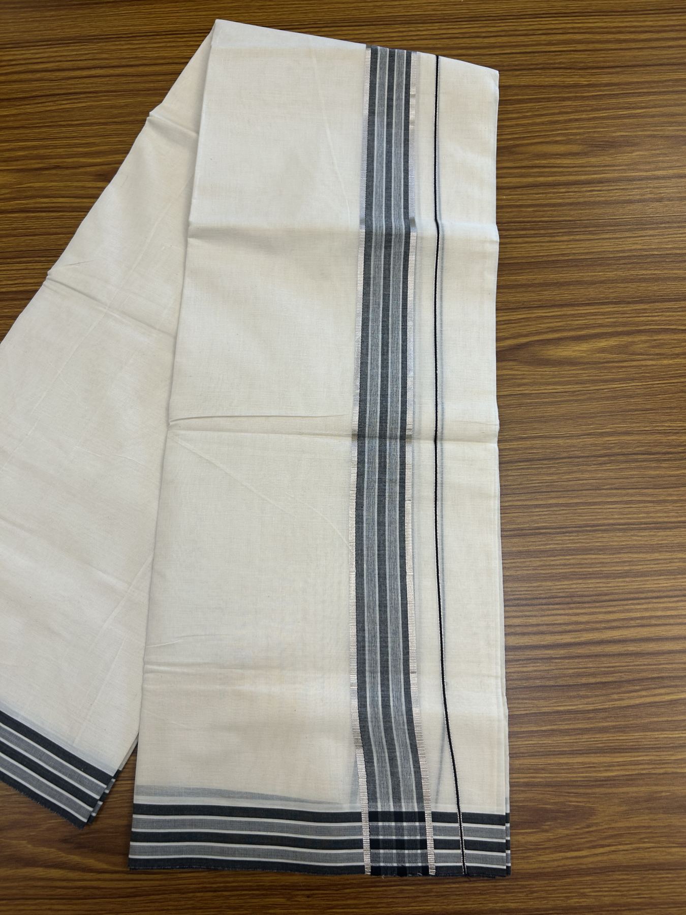 20% Discount ! Kaitharikada Balaramapuram 100% Pure Cotton Double Off white (Unbleached) Mundu/Dhoti - 100x80 - 1.75 inch Silver Kasav & Black Shaded Stripes Kara 3.90 mtr (8 muzham) - 57 KK5313 PMC