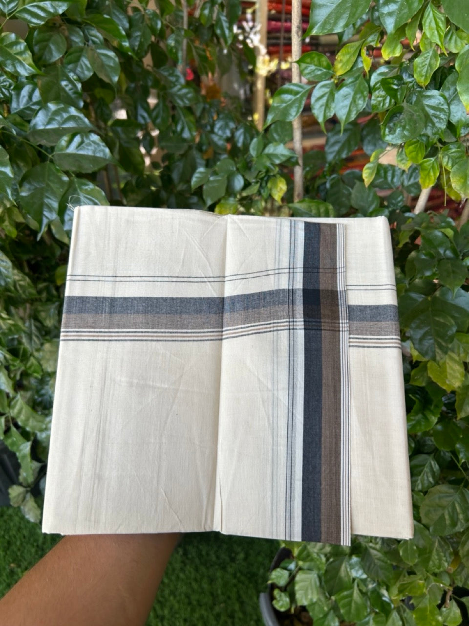 20% Discount ! KaithariKada Balaramapuram 100% Cotton Double OFF WHITE - (Unbleached) - Mundu / Dhoti- 100x80 -  1.5 inch Black & Brown shaded striped kara - 10 KK5280 VIN
