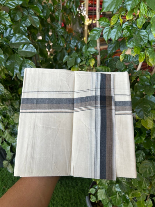20% Discount ! KaithariKada Balaramapuram 100% Cotton Double OFF WHITE - (Unbleached) - Mundu / Dhoti- 100x80 -  1.5 inch Black & Brown shaded striped kara - 10 KK5280 VIN