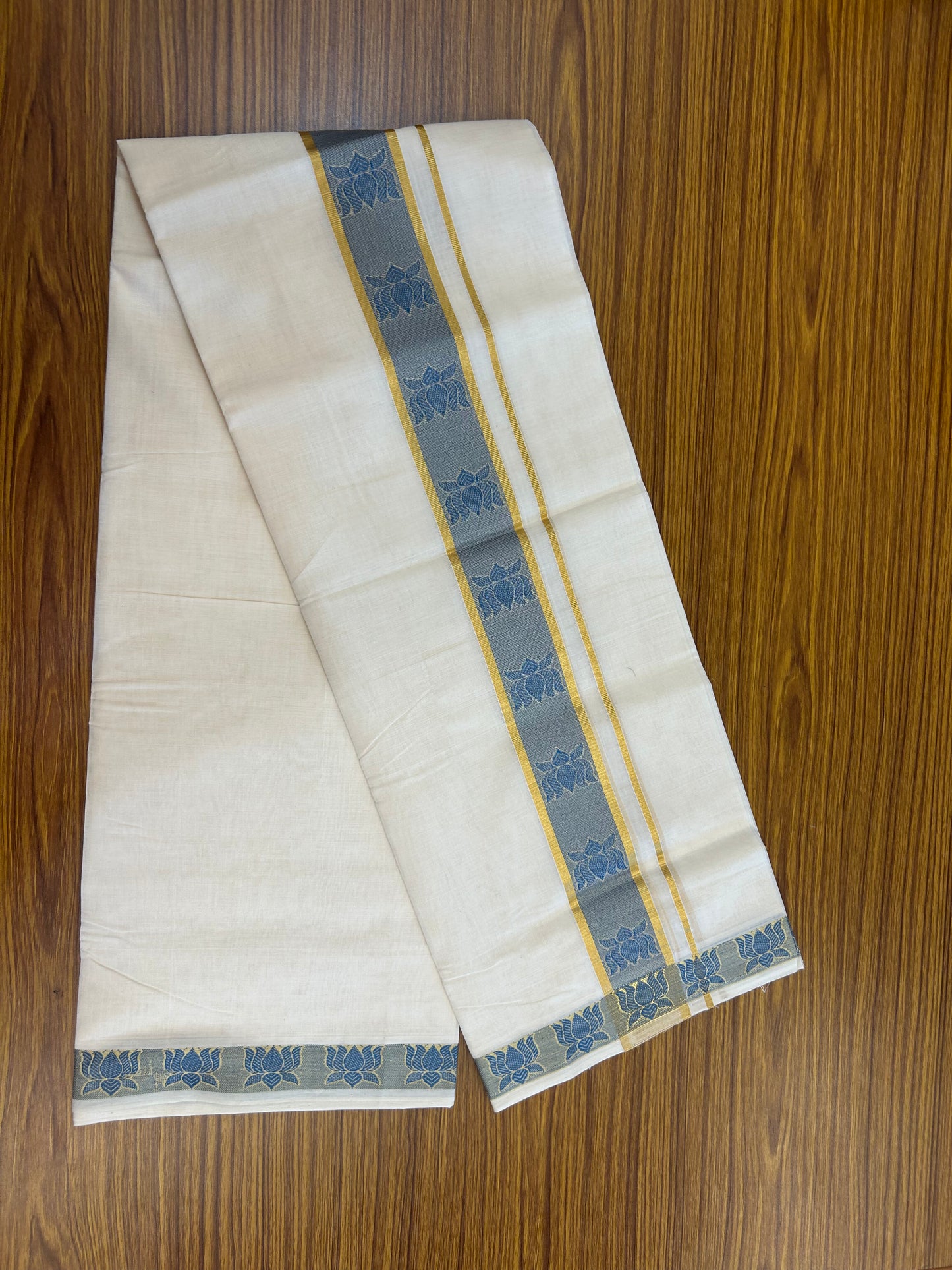 25% Discount ! KaithariKada Handloom Unakkupaav Kerala Handloom - 100% Pure Cotton Off White (Unbleached) Double Mundu/Dhoti - 100x80 - 2.25 Inch Gold kasav & Blue Lotus Jaquard Design Kara 4 mtr (8.5 muzham) - 5 KK5370 ABH