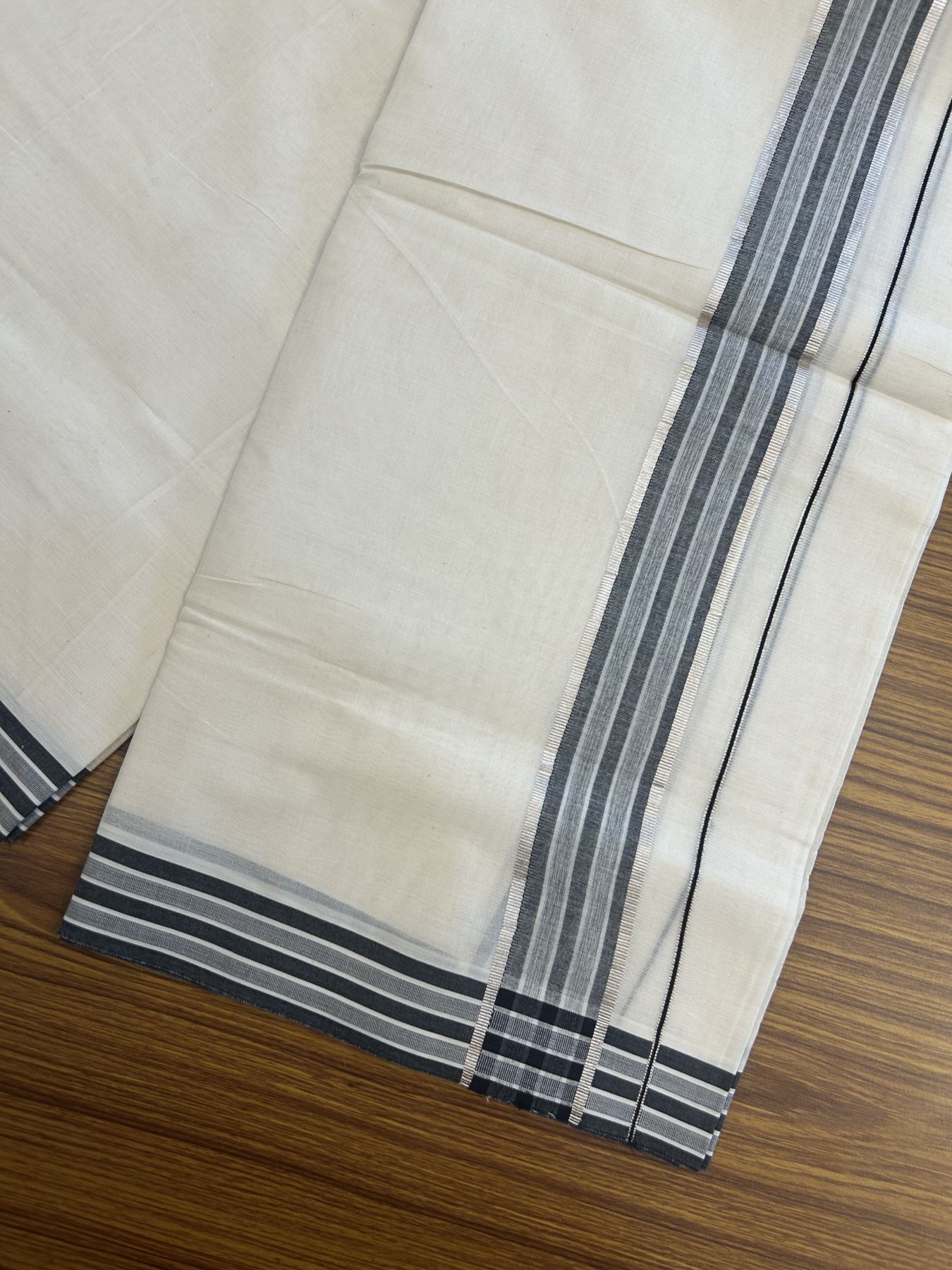 20% Discount ! Kaitharikada Balaramapuram 100% Pure Cotton Double Off white (Unbleached) Mundu/Dhoti - 100x80 - 1.75 inch Silver Kasav & Black Shaded Stripes Kara 3.90 mtr (8 muzham) - 57 KK5313 PMC
