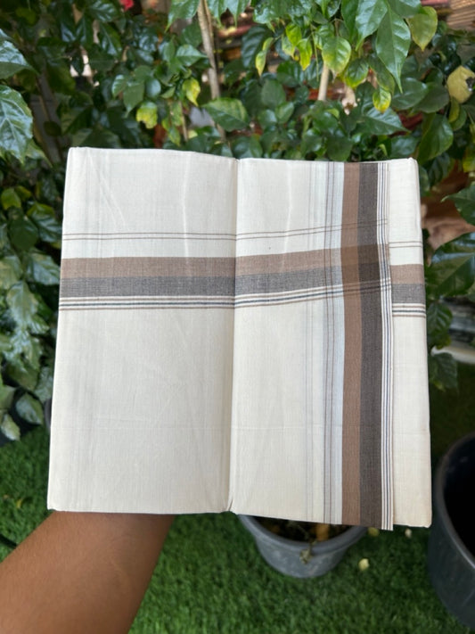 20% Discount ! KaithariKada Balaramapuram 100% Cotton Double OFF WHITE - (Unbleached) - Mundu / Dhoti- 100x80 -  1.5 inch Brown & Ash black shaded striped kara - 11 KK5280 VIN