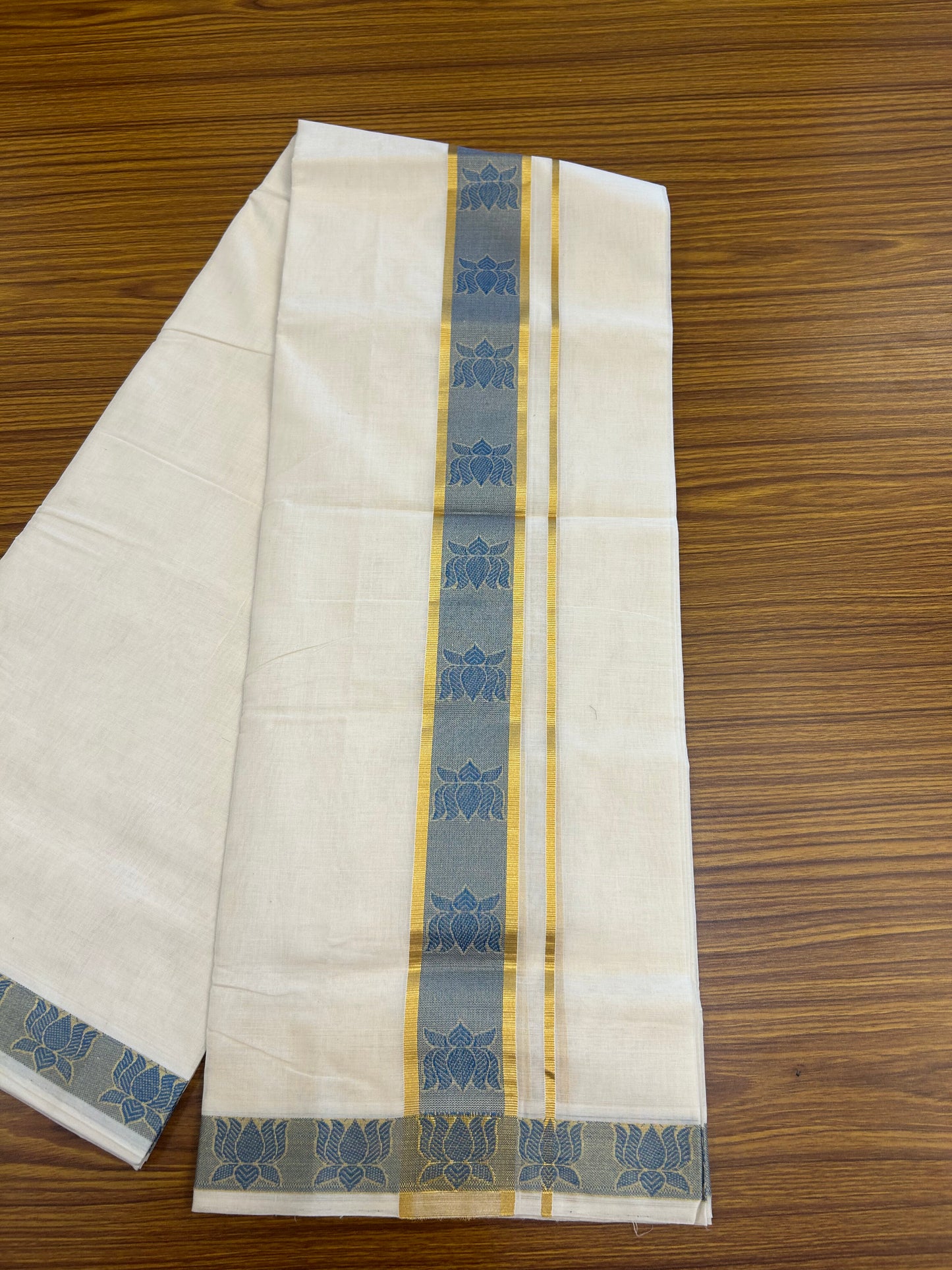 25% Discount ! KaithariKada Handloom Unakkupaav Kerala Handloom - 100% Pure Cotton Off White (Unbleached) Double Mundu/Dhoti - 100x80 - 2.25 Inch Gold kasav & Blue Lotus Jaquard Design Kara 4 mtr (8.5 muzham) - 5 KK5370 ABH