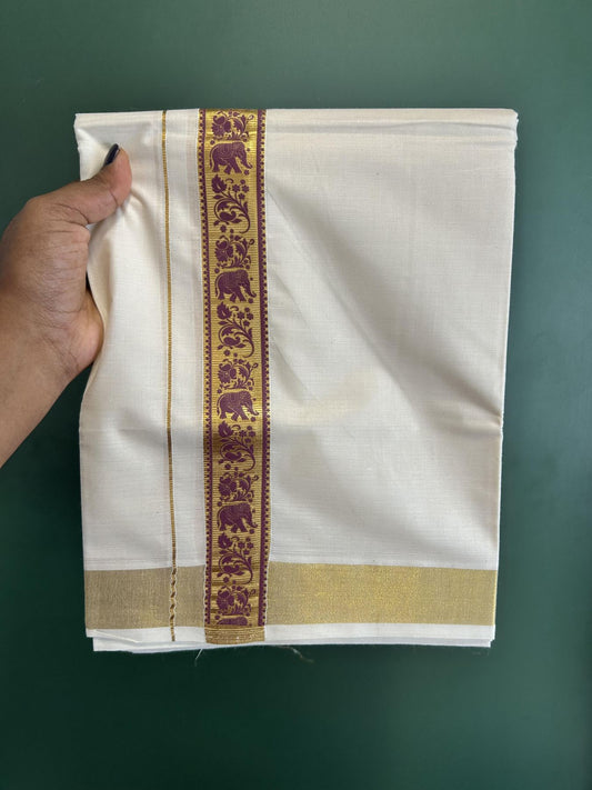 Double Off White - (Unbleached) Mundu/Dhoti- 20% Discount!! KaithariKada Balaramapuram 100% Cotton (60s) - 1.25 inch Grape Wine & Gold Kasav Elephant Printed Kara - 5 KK5415 GAN