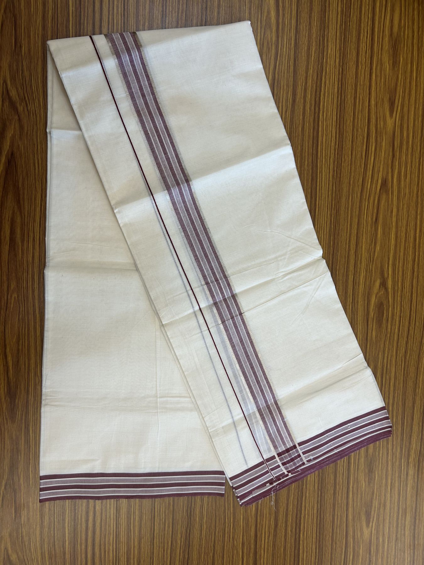 20% Discount ! Kaitharikada Balaramapuram 100% Pure Cotton Double Off white (Unbleached) Mundu/Dhoti - 100x80 - 1.5 inch Silver Kasav & Maroon Shaded Stripes Kara 3.90 mtr (8 muzham) - 58 KK5313 PMC