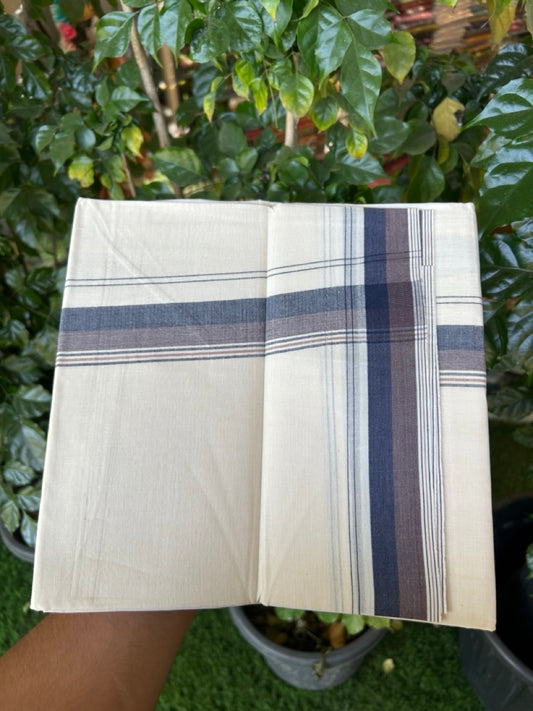 20% Discount ! KaithariKada Balaramapuram 100% Cotton Double OFF WHITE - (Unbleached) - Mundu / Dhoti- 100x80 -  1.5 inch Navy Blue & Brown shaded striped kara - 9 KK5280 VIN