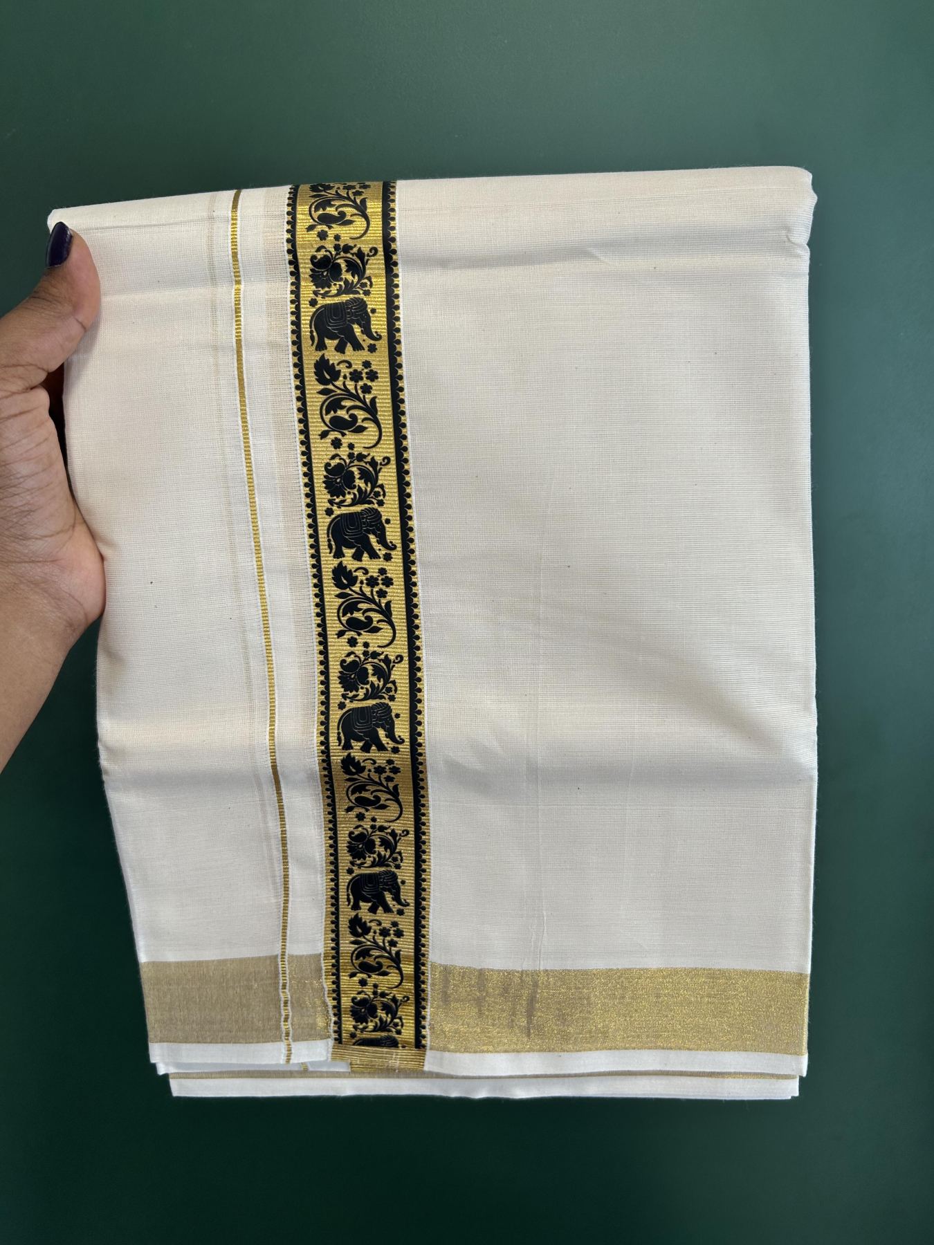 Double Off White - (Unbleached) Mundu/Dhoti- 20% Discount!! KaithariKada Balaramapuram 100% Cotton (60s) - 1.25 inch Black & Gold Kasav Elephant Printed Kara - 4 KK5415 GAN