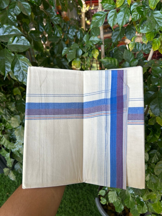20% Discount ! KaithariKada Balaramapuram 100% Cotton Double OFF WHITE - (Unbleached) - Mundu / Dhoti- 100x80 -  1.5 inch Blue & Violet shaded striped kara - 12 KK5280 VIN
