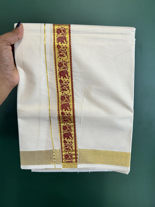 Double Off White - (Unbleached) Mundu/Dhoti- 20% Discount!! KaithariKada Balaramapuram 100% Cotton (60s) - 1.25 inch Maroon & Gold Kasav Elephant Printed Kara - 3 KK5415 GAN